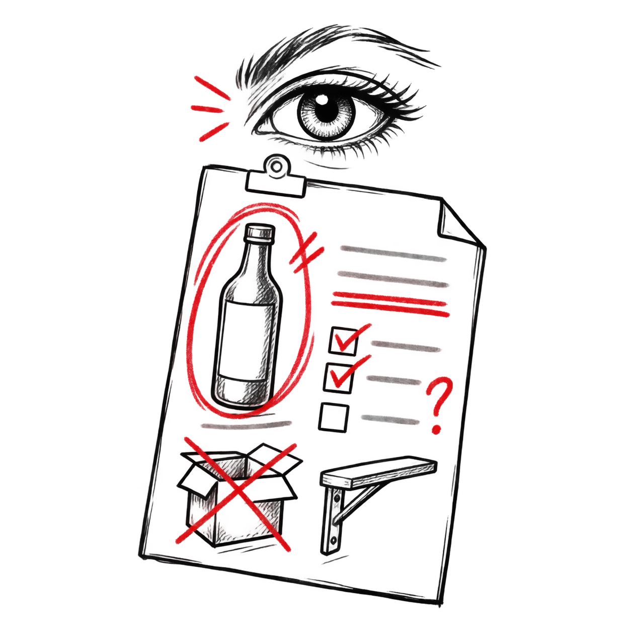 Editorial line illustration of a buyer's diagnostic worksheet with redline annotations across a product listing.