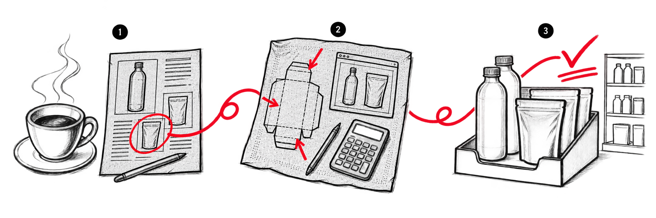 Editorial line illustration of three working-table stages labeled Coffee, Lunch, and Dinner, drawn as a route of seats along one table.